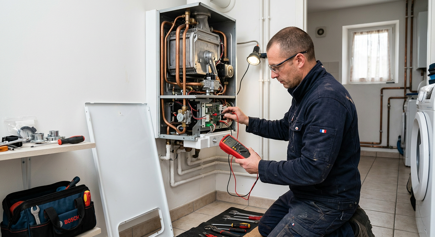 Technicien réparant une chaudière gaz à Melun 77